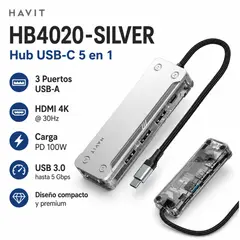 UGREEN - Adaptador 5 en 1 USB 3/ HDTV Tipo - C 5Gbps HUB 2 USB 2.0 De 480MBPS, Plateado