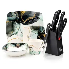 KITCHENWARE - COMBO VAJILLA EN MELAMINA ASTER BLANCA CON PINCELADAS + JUEGO 6 PIEZAS (4 CUCHILLOS, UNAS TIJERAS Y TACO EN PLASTICO)