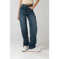 KOAJ - Jean bota recta 90´S tiro alto azul oscuro con bolsillo Mujer