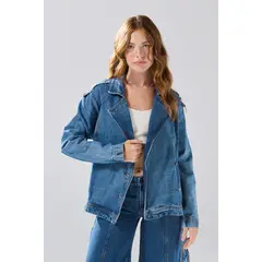 KOAJ - Chaqueta de jean tipo gabán azul medio con cinturón Mujer
