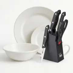 KITCHENWARE - COMBO VAJILLA EN MELAMINA CLASICA BLANCA REDONDA 16 PIEZAS + JUEGO 6 PIEZAS (4 CUCHILLOS, UNAS TIJERAS Y TACO EN PLASTICO)
