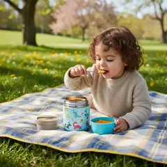 GENERICO - Contenedor Acero Inoxidable Infantil Dinosaurios Azul + Cuchara + Taza, Bebidas Frías y Calientes