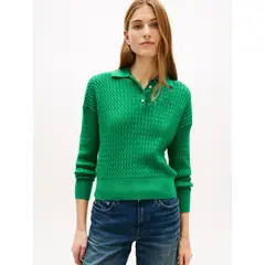 TOMMY HILFIGER - Saco verde tejido amplio tipo polo de punto trenzado