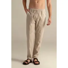 ILOT - Pantalón en lino caqui, slim fit, bolsillos laterales Ref. PH72K62