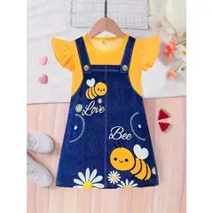 LUSOLSI - Conjunto de ropa enterizo para niñas vestidos princesas ropa fresca de verano abeja y flores