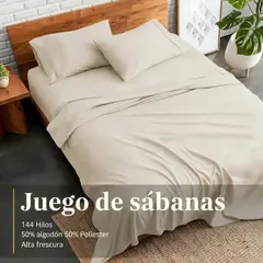 GENERICO - Juego De Sabanas Hoteleras 144 Hilos Doble Beige Algodón Poliéster