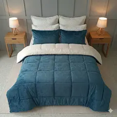GENERICO - Edredon Comforter Sherpa - Piel De Conejo Cama Doble Azul Petroleo