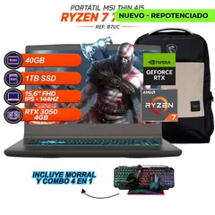 MSI - PORTATIL GAMER Thin A15 - RYZEN 7 7735HS - RTX 3050 4GB - 40GB RAM - SSD 1TB - 15.6” FHD 144Hz