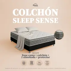 COLCHONES RELAX - Colchón + Base Queen Relax 160x190 Resortado Semifirme + 2 Almohadas +1 Protector Sleep Sense