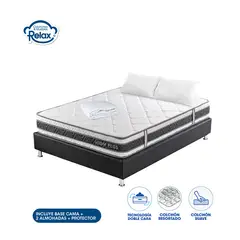 COLCHONES RELAX - Colchón con Base Cama Queen High Plus 160x190x24cm Resortado Firmeza Media + 2 Almohadas + 1 Protector