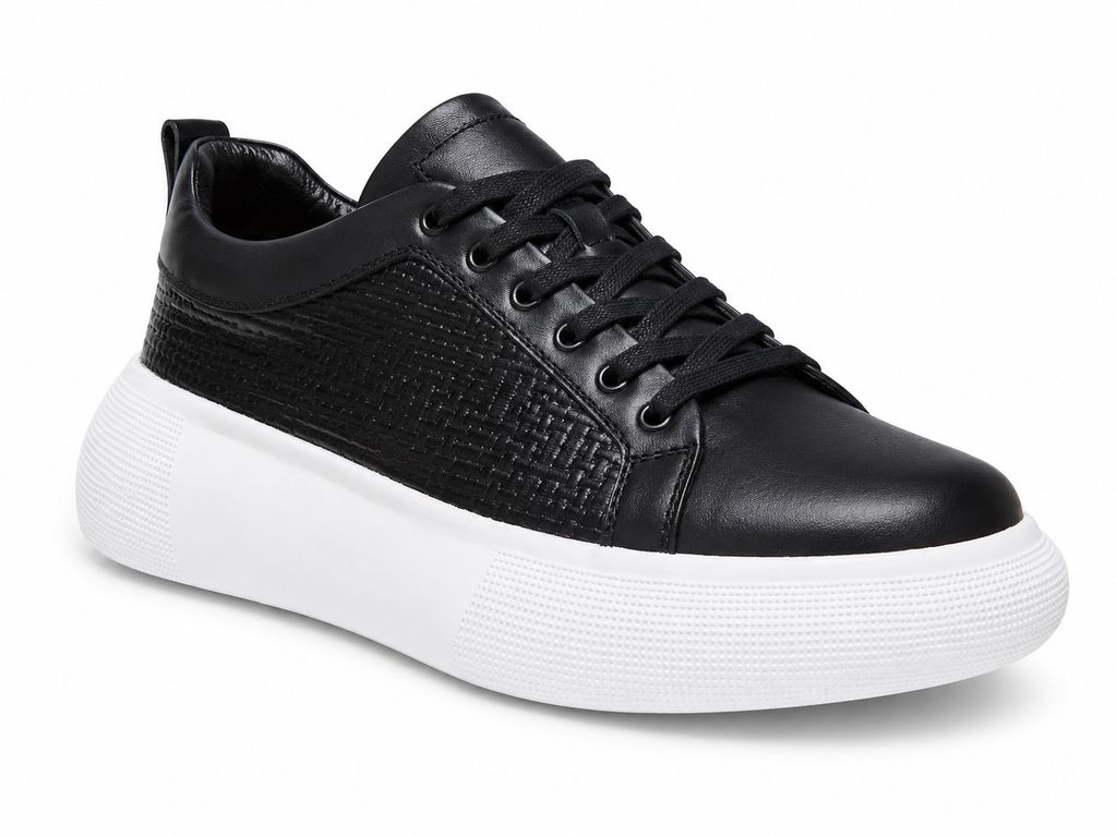Imagen de Tenis Casual Hombre Cuero Suela Gruesa Confort Cordón Acerado-Negro