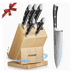 GENERICO - Juego cuchillos acero inoxidable forjado base madera giratoria afiliador integrado fohere