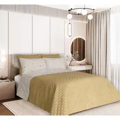 BALI - Colcha Doble Faz para Cama Doble 215×240 + Funda 50×75 Amarillo Beige Polialgodón