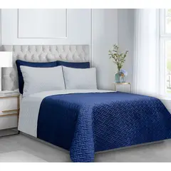 BALI - Colcha Doble Faz para Cama Doble 215×240 + Funda 50×75 Azul Oscuro y Gris Plata Polialgodón