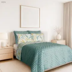BALI - Colcha Doble Faz para Cama Queen 230×240 + Funda 50×75 Verde Tropical