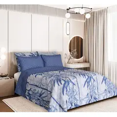 BALI - Colcha Doble Faz para Cama Semidoble 200×240 + Funda 50×75 Wire Azul