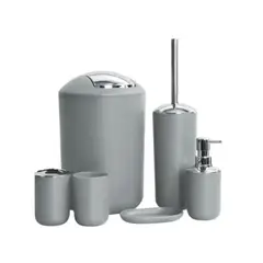 OEM - Set Accesorios De Baño 6 Piezas Efecto Bambú Dispensador Jabonera Basurero Escobilla Moderno