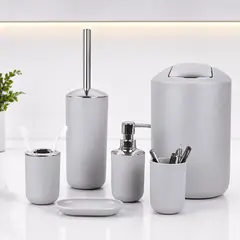 OEM - Set Accesorios De Baño 6 Piezas Efecto Bambú Dispensador Jabonera Basurero Escobilla Moderno