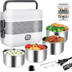 HOME - Lonchera Eléctrica Calentadora De Comida 2 Niveles 4 Recipientes Acero Inoxidable Portátil Térmica