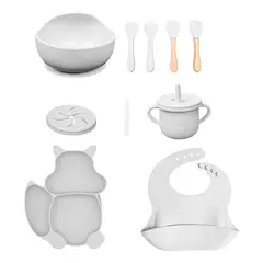 ONLYBABY - Kit Alimentación Bebe Vajilla Silicona Plato Babero 10pz Gris