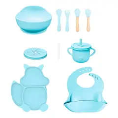 ONLYBABY - Kit Alimentación Bebe Vajilla Silicona Plato Babero 10pz Azul