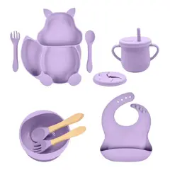 ONLYBABY - Kit Alimentación Bebe Vajilla Silicona Plato Babero 10pz Morado