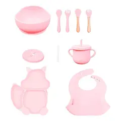 ONLYBABY - Kit Alimentación Bebe Vajilla Silicona Plato Babero 10pz Rosado