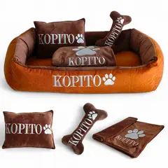 GENERICO - Cama Para Perros + Cobija + Almohada + Hueso Juguete con nombre bordado 60x 45 cm Color Mostaza Café