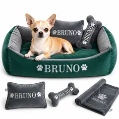 GENERICO - Cama Para Perros + Cobija + Almohada + Hueso Juguete con nombre bordado 60x 45 cm Color Verde Gris