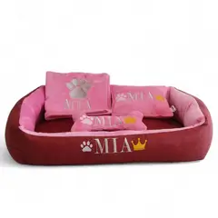 GENERICO - Cama Para Perros + Cobija + Almohada + Hueso Juguete con nombre bordado 60x 45 cm Color Rosa