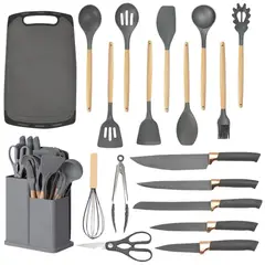 SKY - Set De Cocina x19 Piezas Utensilios Silicona, Cuchillos, Cucharones y Tabla