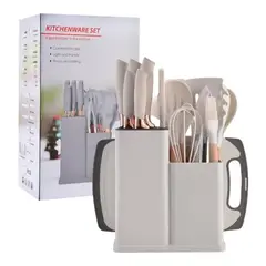 SKY - Set De Cocina x19 Piezas Utensilios Silicona, Cuchillos, Cucharones y Tabla