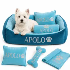 GENERICO - Cama Para Perros + Cobija + Almohada + Hueso Juguete con nombre bordado 70x 48 cm Color Turquesa