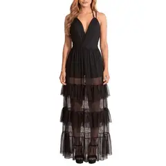 VIA7 - Vestido Maxi Negro - Drama Transparente y Escote de Alto Impacto