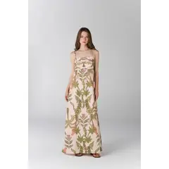 TENNIS - Vestido largo fluido con estampado botánico en lino beige para mujer