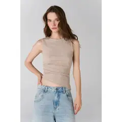TENNIS - Tshirt ajustada con drapeado diagonal en lino beige para mujer