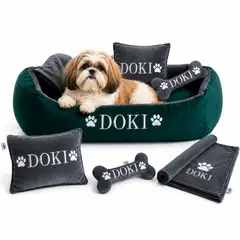 GENERICO - Cama Para Perros + Cobija + Almohada + Hueso Juguete con nombre bordado 70x 48 cm Verde