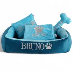 GENERICO - Cama Para Perros + Cobija + Almohada + Hueso Juguete con nombre bordado 80 x 60 cm Color Turquesa