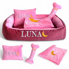 GENERICO - Cama Para Perros + Cobija + Almohada + Hueso Juguete con nombre bordado 80 x 60 cm Color Rosa