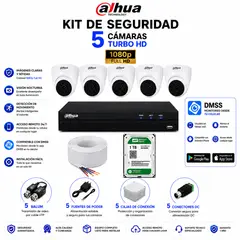 DAHUA - Kit 5 Cámaras de Seguridad CCTV Full HD 1080P Monitoreo 24/7