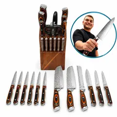 GENERICO - Set Cuchillos Profesionales Santoku Pan Afilador Base Madera