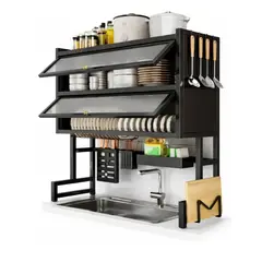 TECNOHOGAR JS - Escurridor Organizador De Platos 65cm Doble Tapa Negro