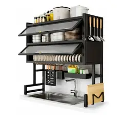 TECNOHOGAR JS - Escurridor Organizador De Platos 65cm Doble Tapa Negro