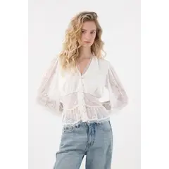TENNIS - Camisa manga larga con encajes crudo para mujer