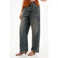 TENNIS - Jean Horseshoe de tiro bajo azul con acabado ligero para mujer
