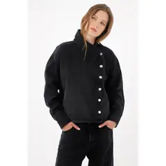 TENNIS - Chaqueta boxy con cierre asimétrico de botones metálicos en algodón negro para mujer