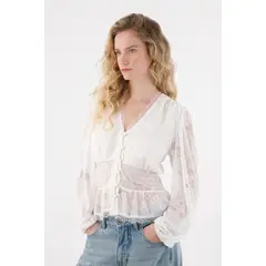 TENNIS - Camisa manga larga con encajes crudo para mujer