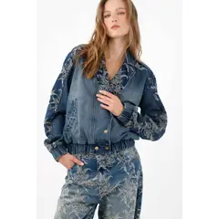 TENNIS - Chaqueta bomber fit relajado con bordado floral en algodón azul índigo para mujer