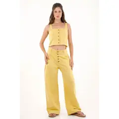 TOPMARK - Camisa manga sisa con botones amarilla para mujer