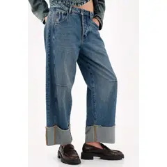 TENNIS - Jean wide leg con dobladillo extra ancho deshilachado en denim de algodón azul para mujer